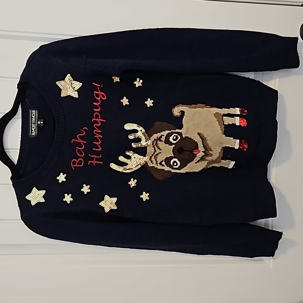 Navy Blue Bah Humpug Christmas Sweater Size S